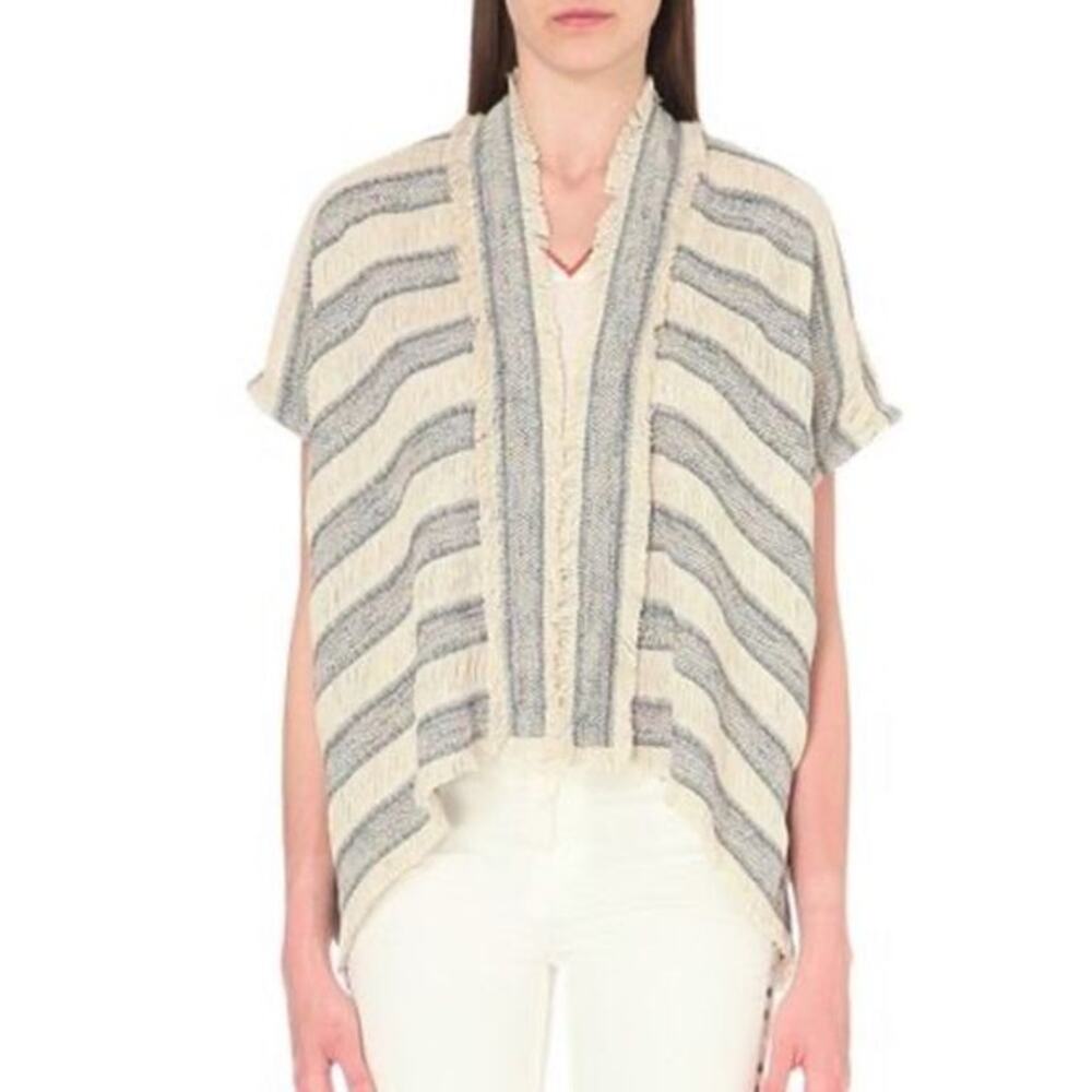 Maje Vona Striped Jacquard Kimono Jacket Fringe Tweed Cardigan Poncho One Size